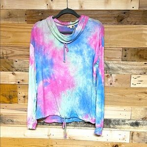 Hem & Thread size Large Lightweight Colorful Tie-Dye Cowl-neck Long Sleeve Top